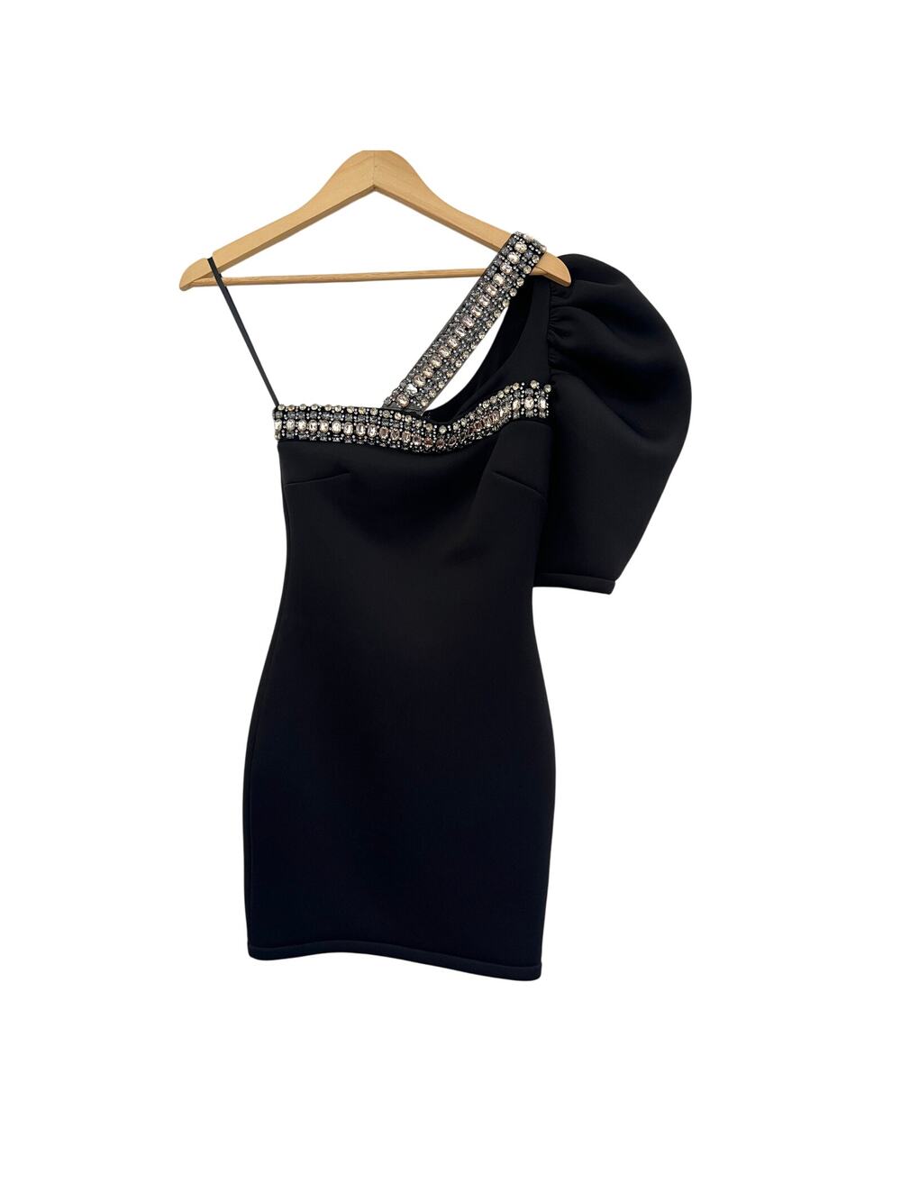 Bebe One Shoulder Embellished Sheath Cocktail Mini Dress Womens Small Black Gala